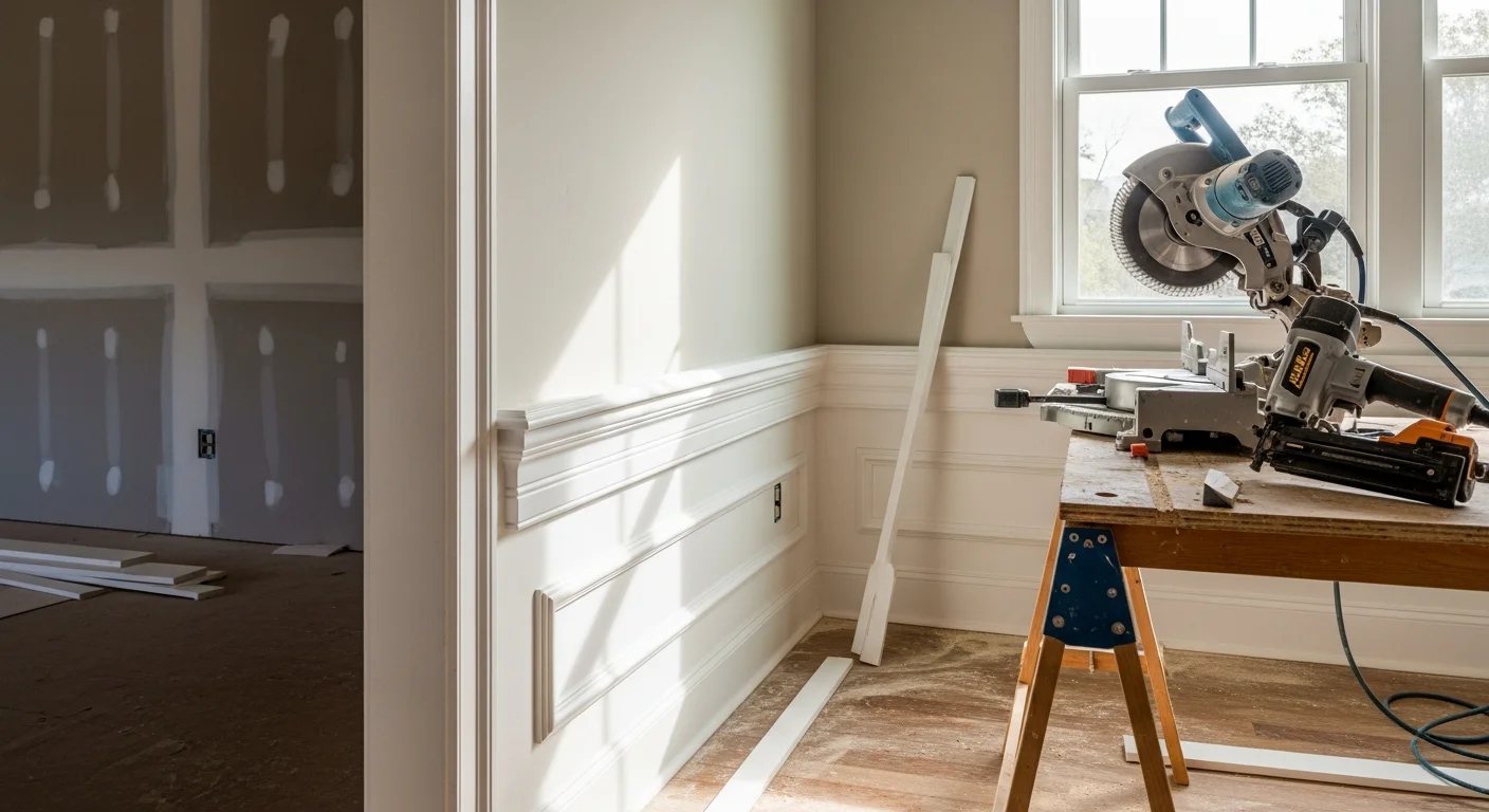 Interior finish carpentry work inside a single-family home in Longs, SC, showing freshly installed crown molding and painted baseboards along a living room wall. Clean miter joints and a smooth painted finish are visible where the trim meets the wall and floor.