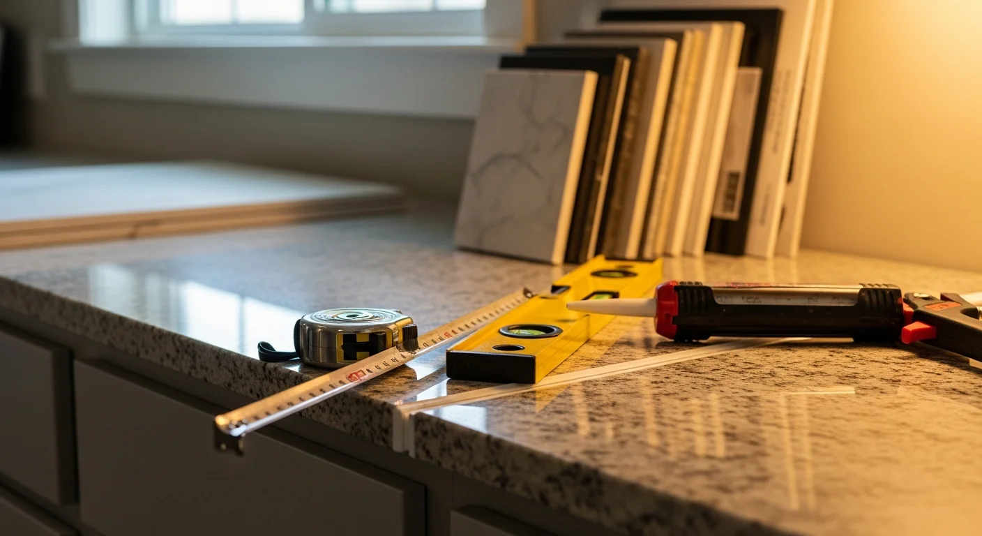 Newly installed stone countertops in a kitchen inside a Longs, SC home, showing clean edge work and a fitted sink cutout. The surface runs along white lower cabinets with natural light coming through a window above.
