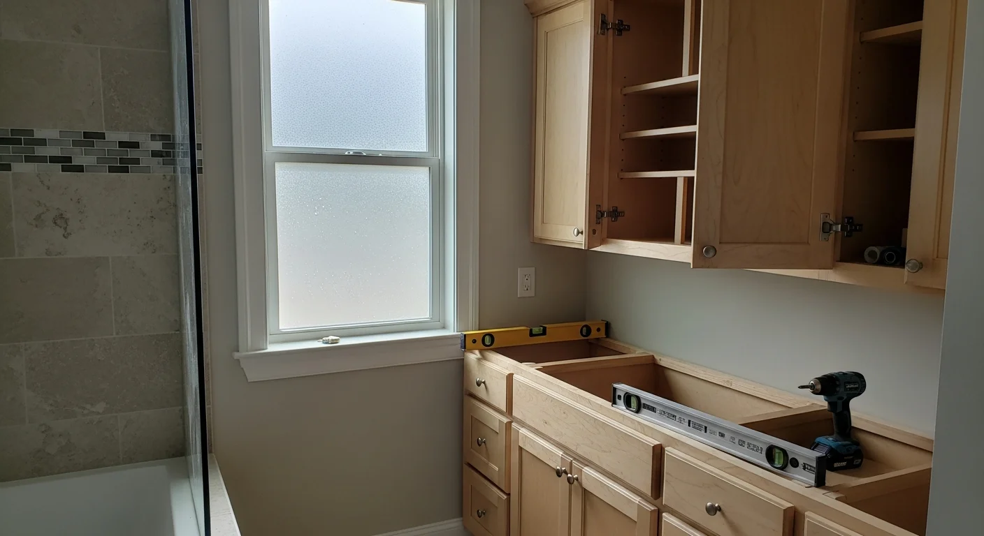 Newly installed custom kitchen cabinets in a single-family home in Longs, SC, with clean trim lines and flush wall-to-cabinet fit. A second view shows a custom bathroom vanity cabinet installed by Zacks Remodeling Solutions with level mounting and finished hardware.