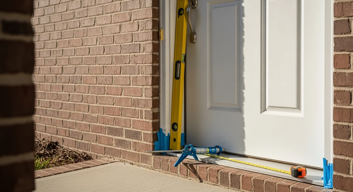 A newly installed exterior entry door on a single-family home in Longs, SC, with a clean frame, tight threshold seal, and finished trim. The door sits flush in the opening with no visible gaps along the jamb or weatherstripping.