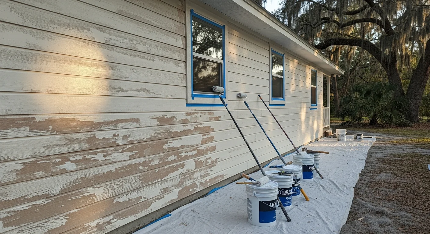 A freshly painted single-family home exterior in Longs, SC, showing clean siding and trim with no peeling or discoloration. The home reflects a completed exterior painting project suited to the humid Horry County climate.