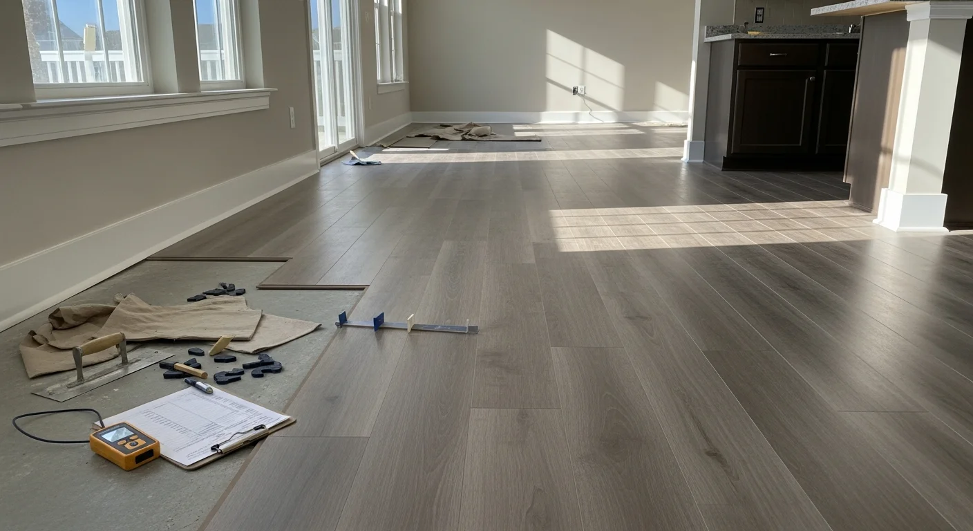 Freshly installed flooring in an open-concept living area of a single-family home in Longs, SC. The floor runs cleanly from the living space into the adjacent dining area with smooth transitions and no visible gaps.