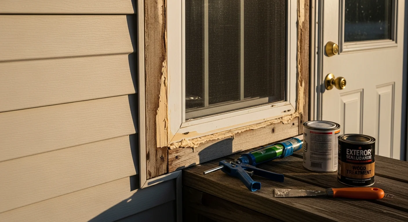 A handyman repairing wood trim and exterior caulk on a single-family home in Longs, SC. The work targets moisture-worn surfaces typical of Horry County residential properties.