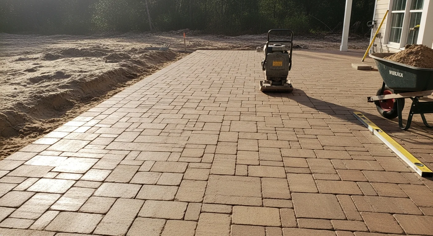 A finished paver patio and walkway installed by Zacks Remodeling Solutions at a single-family home in Longs, SC. The hardscape features clean stone edging and a level surface suited to the flat, sandy terrain common in Horry County.