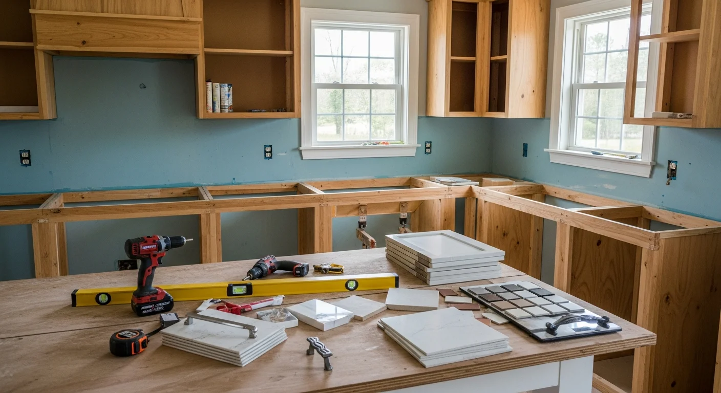 Remodeled kitchen interior in a single-family home in Longs, SC, showing updated white shaker cabinets, new countertops, and recessed lighting. The open layout reflects a finished kitchen remodel by Zacks Remodeling Solutions.