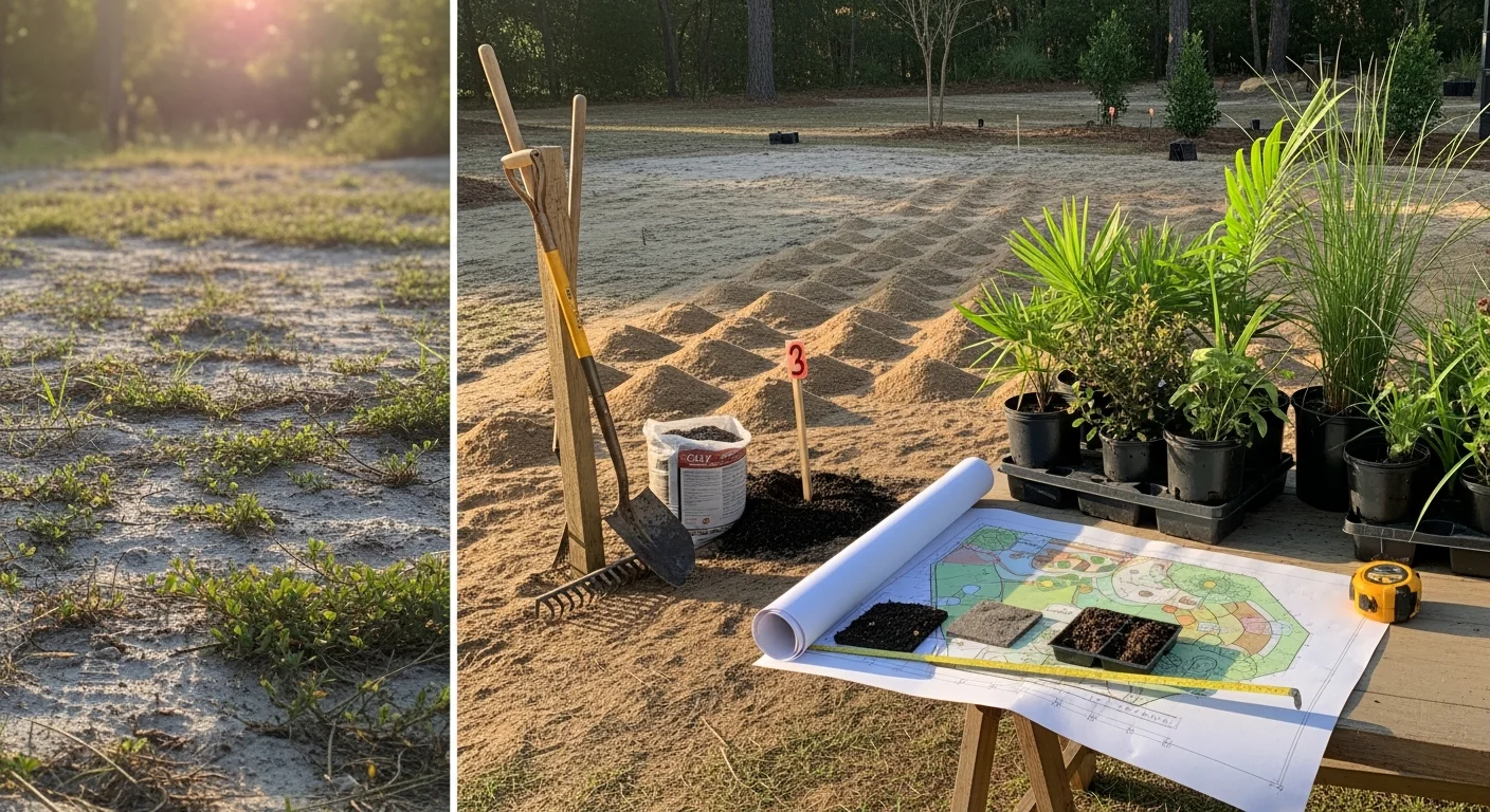 A professionally designed front yard in Longs, SC featuring defined planting beds, climate-adapted shrubs, and a clean lawn edge along a residential property. The design shows structured borders and layered plantings suited to the coastal South Carolina climate.