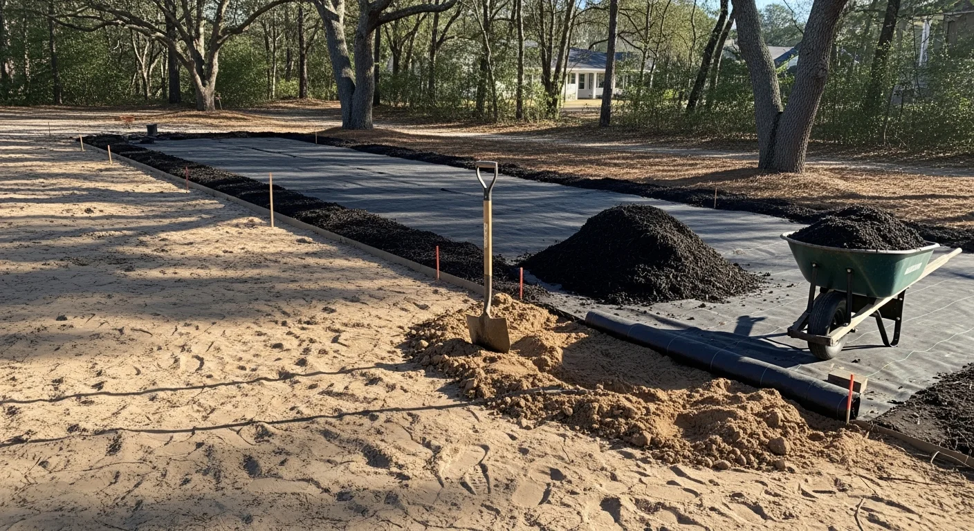 Freshly installed residential landscape in Longs, SC showing defined mulched planting beds, edging along a front lawn, and low-maintenance ground cover plants suited to coastal South Carolina conditions. A single-family home exterior is visible in the background.