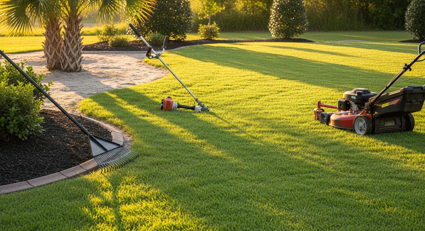A neatly mowed and edged residential lawn in Longs, SC with trimmed shrubs along the front of the home. Clean planting beds and a well-defined turf edge show the result of professional landscape maintenance service.