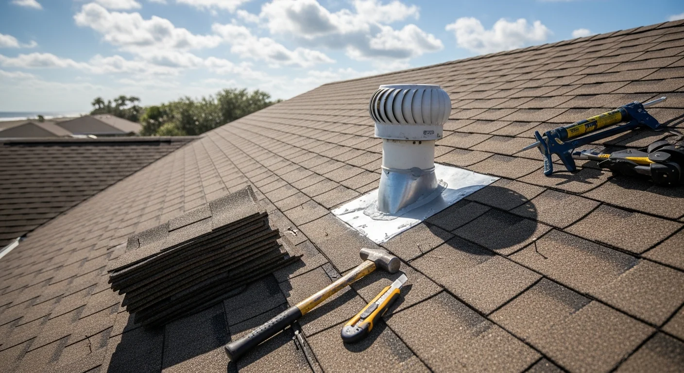 A repaired residential roof on a single-family home in Longs, SC, showing replaced shingles and resealed flashing along the roofline. The surrounding yard and neighborhood reflect the spacious, low-density character typical of Horry County communities.