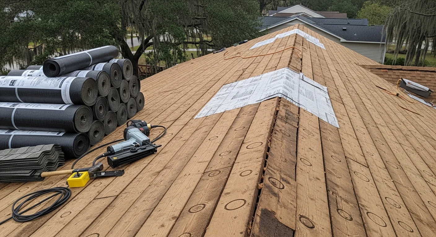 A completed roof replacement on a single-family home in Longs, SC, showing new shingles installed across the full roofline with clean ridge and valley lines. The home sits in a residential neighborhood typical of Horry County, with a clear sky overhead.
