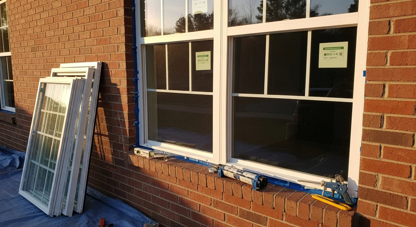 A newly installed replacement window on a single-family home in Longs, SC, with clean trim lines and a clear view of the surrounding yard. The exterior shows a tight frame seal against the siding, typical of residential window replacement work in Horry County.